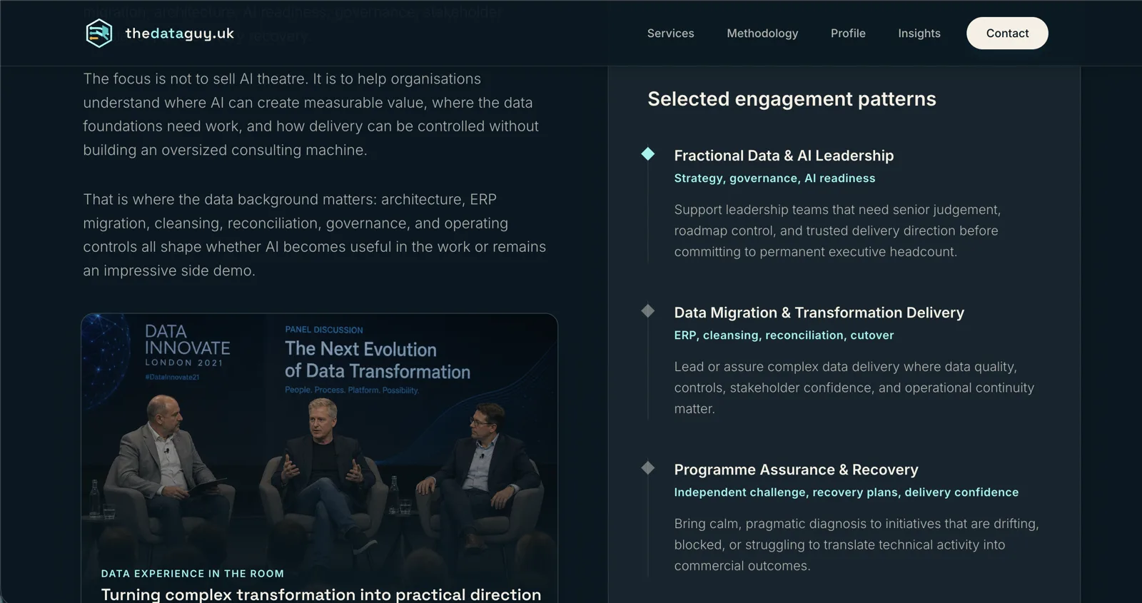 The Data Guy demonstration site: a consultancy homepage with selected engagement patterns.